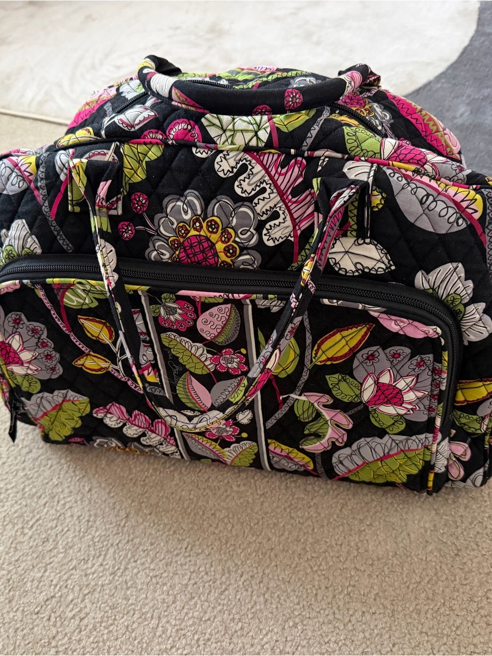 Vera Bradley Black Quilted Floral Travel Weekender with Pink & Green Accents